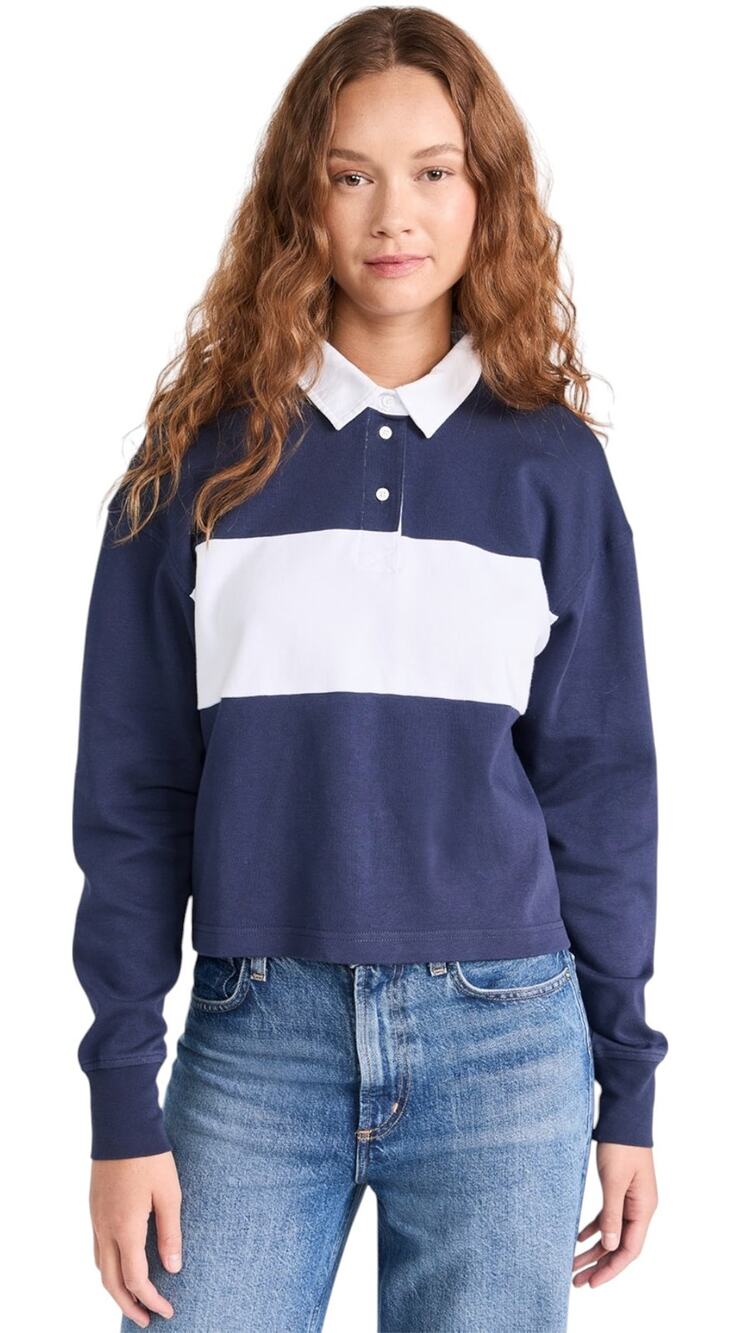 Outdoor Voices Blue Rugby Striped Cropped Long Sleeve Top